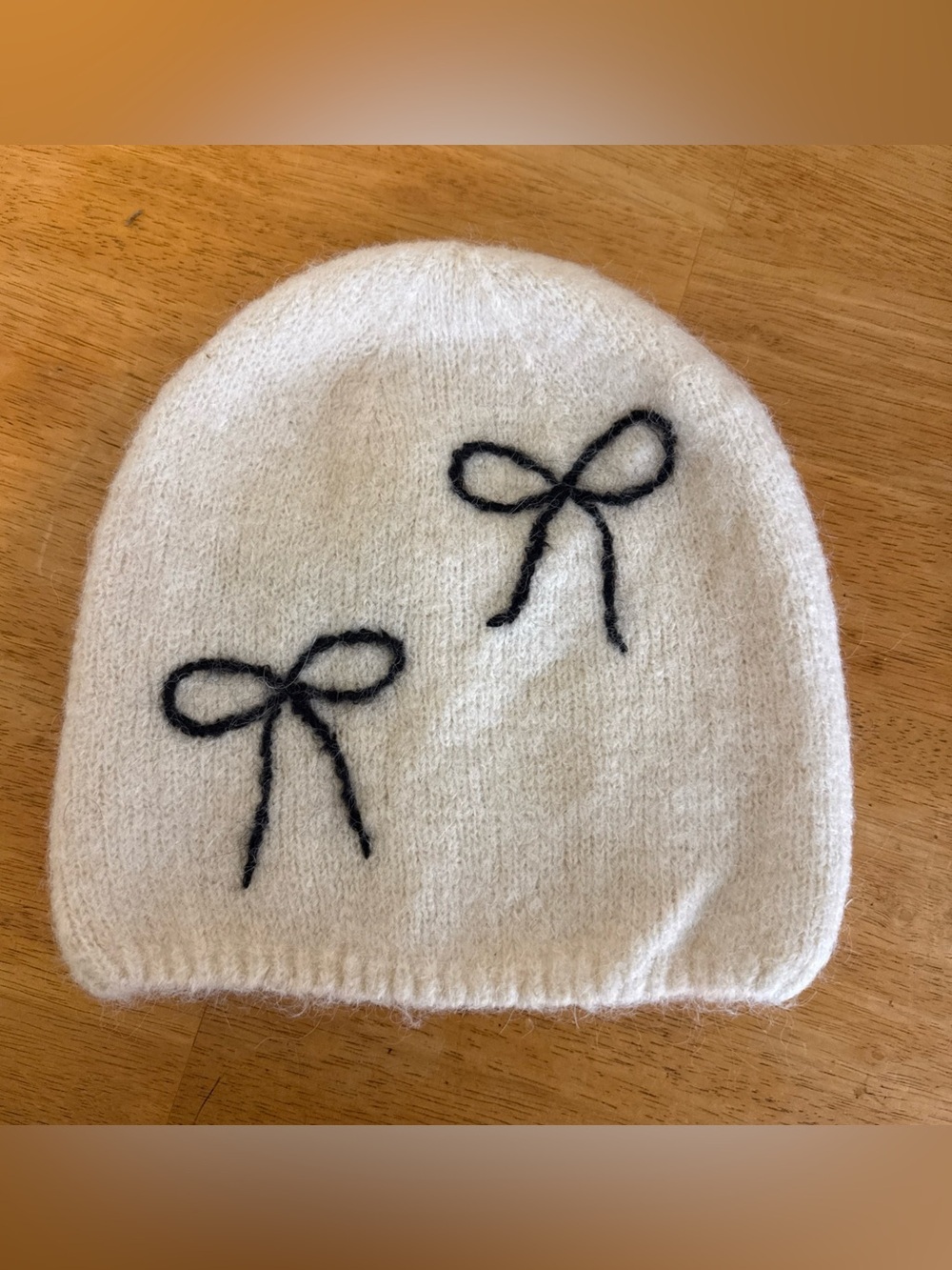Zara Alpaca Knit Beanie Hat Cream With Black Bows Winter Outdoor Coquette Medium
